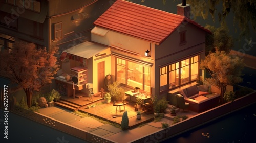 a realistic isometric illustration of a charming 1929 house, bathed in the soft, warm light of a serene sunset