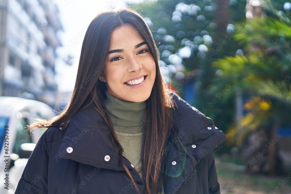 Young beautiful hispanic woman smiling confident standing at street Young beautiful hispanic woman smiling confident standing at street