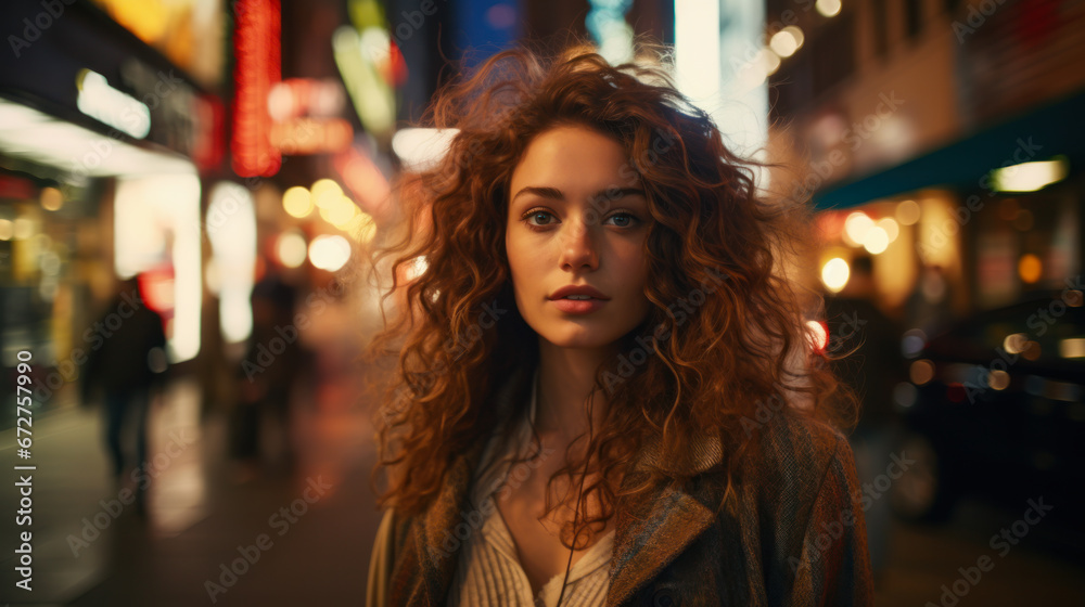 Close-up of a young beautiful woman with wavy hair on a city evening street. Stylish woman walks through the evening city. Concept of style, fashion. Lifestyle.