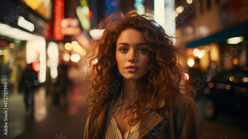 Close-up of a young beautiful woman with wavy hair on a city evening street. Stylish woman walks through the evening city. Concept of style, fashion. Lifestyle. © Alina Tymofieieva