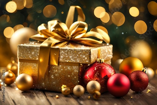 Christmas background with boxes and balls Christmas gift box with golden baubles on bokeh background