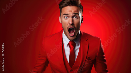 Happy Smiling Stunned Manager Surprised and Excited, Opening Eyes and Mouth Man Wearing Bright Red Clothes on a Solid Red Background