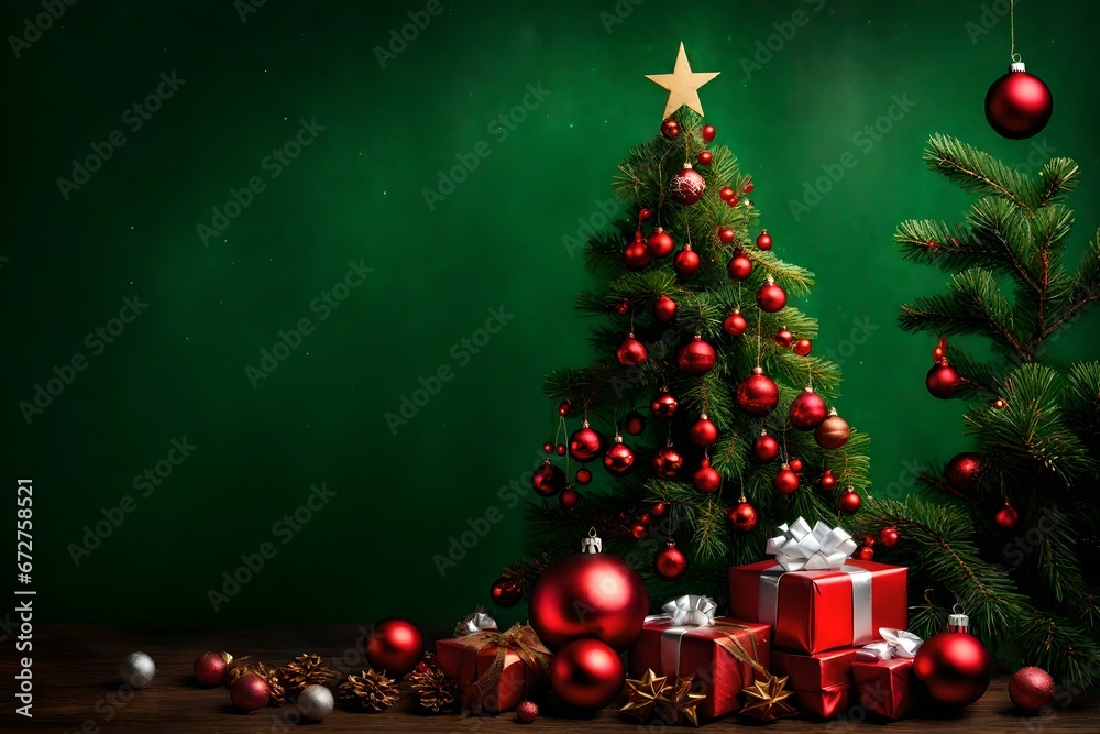 christmas tree with gifts and decorations Christmas tree with gift boxes and red baubles on green background. Christmas concept with copy space for text