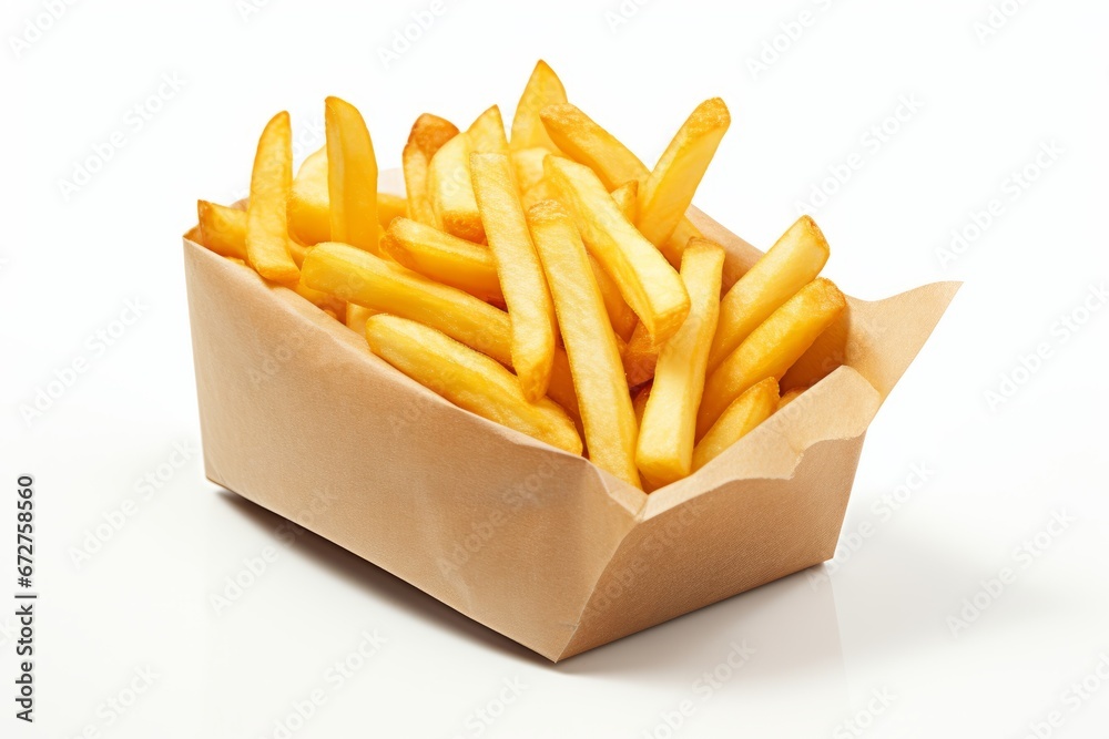 Delicious Classic French Fries, Crispy Snack in Paper Pack, Isolated on Clean White Background Delicious Classic French Fries, Crispy Snack in Paper Pack, Isolated on Clean White Background