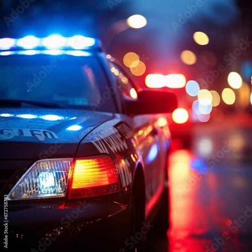 close view of  a police car with flashing blue lights in the middle of the street at night - generative AI photo