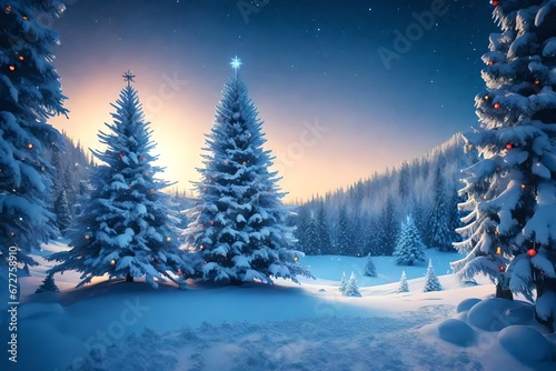 christmas tree with snow Fantastic winter landscape with Christmas tree. 3D rendering. Christmas background with christmas tree, snow and stars. Beautiful christmas night. © Ahsan