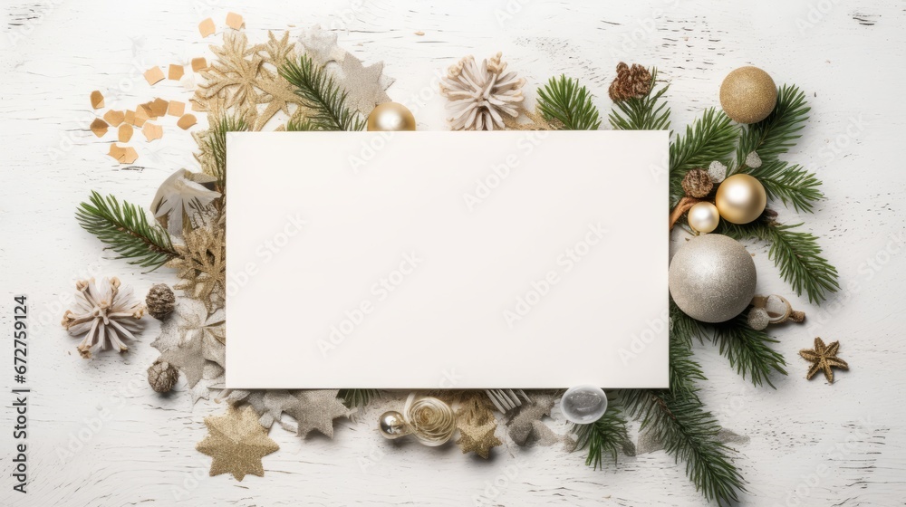 Christmas white frame made of fir branches, festive decorations, pine cones, gold balls on white wooden table. Christmas background. Flat lay. top view with copy space Christmas white frame made of fir branches, festive decorations, pine cones, gold balls on white wooden table. Christmas background. Flat lay. top view with copy space