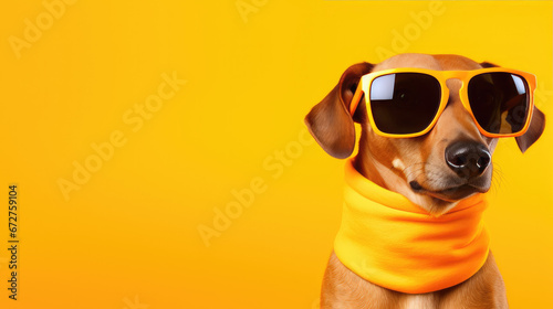 Golden Hound Glamour: Dog with Sunglasses on a Yellow Canvas