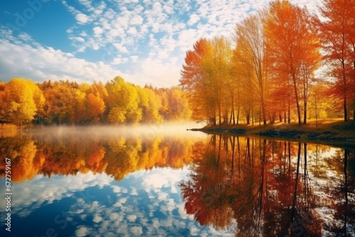 Scenic lake surrounded by autumn trees and beautiful reflection. Generative AI