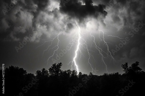 Monochrome photo of lightning striking in a dark sky with raining backdrop. Generative AI