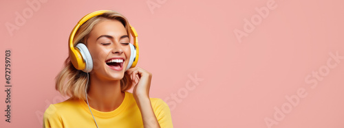happy woman listening music on color background, generative ai