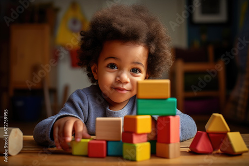 cute kid playing with colorful wooden block toys, generative ai