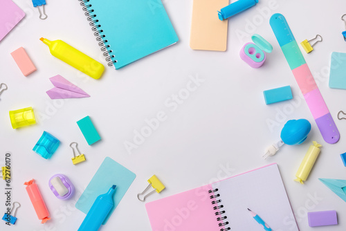 Stationery on a white background. Bright stationery in pastel colors for students.