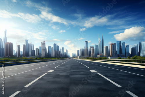 Empty road or roadway leading to a big city.generative ai © Ivan