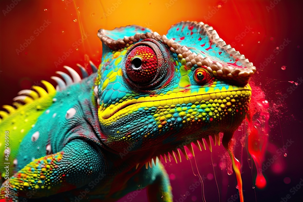 Obraz premium Colorful chameleon on a branch, a creative concept of adaptation and transformation. Generative AI