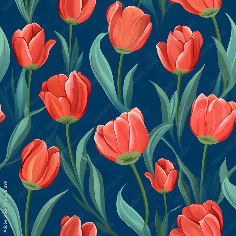 Seamless pattern of orange and red tulips on dark background, ai generative