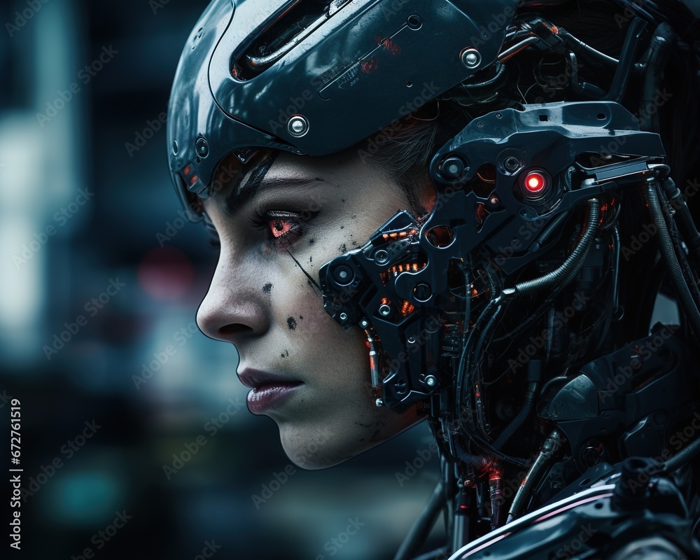The military robot is looking at the screen.