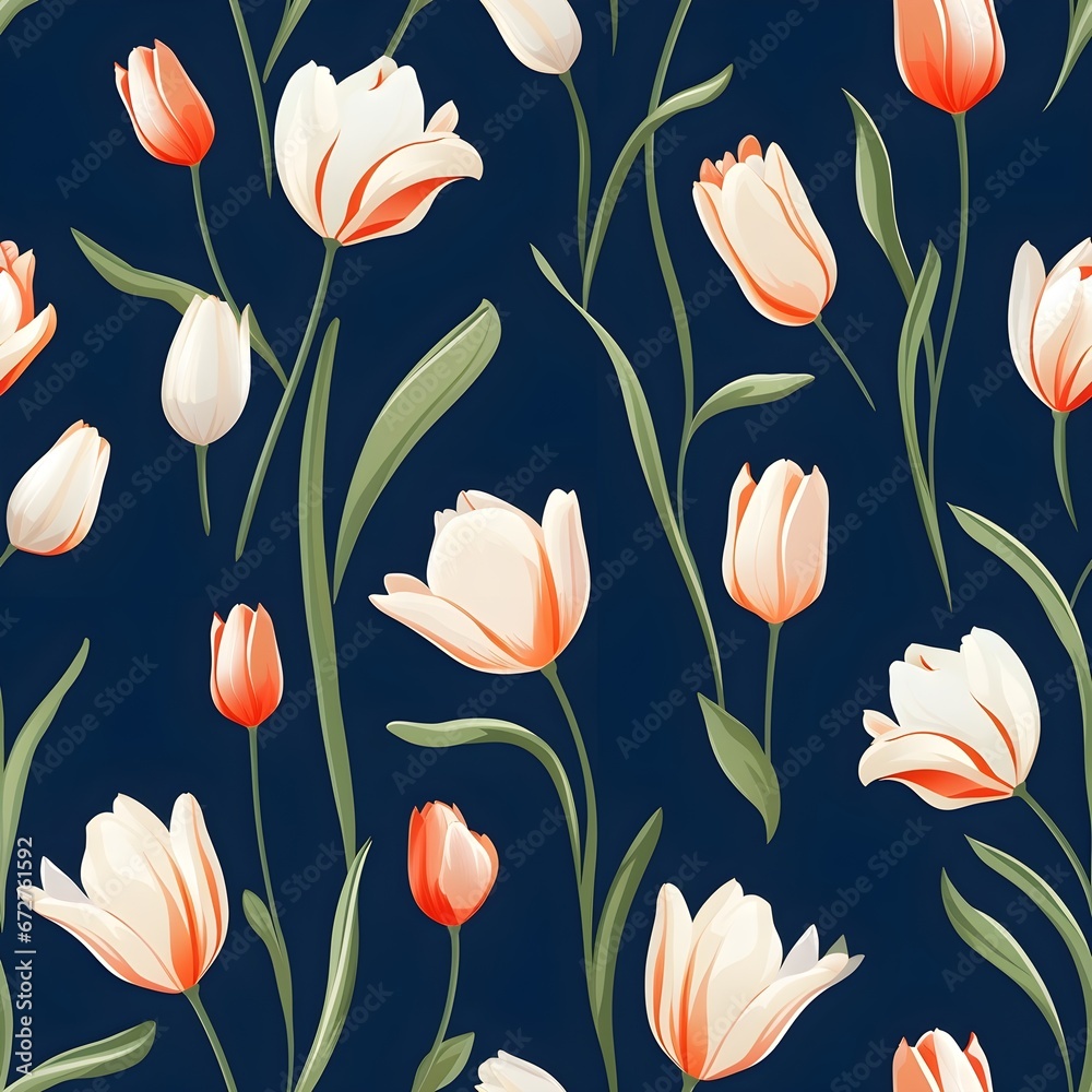 Obraz premium Seamless pattern of orange and red tulips on dark background, ai generative