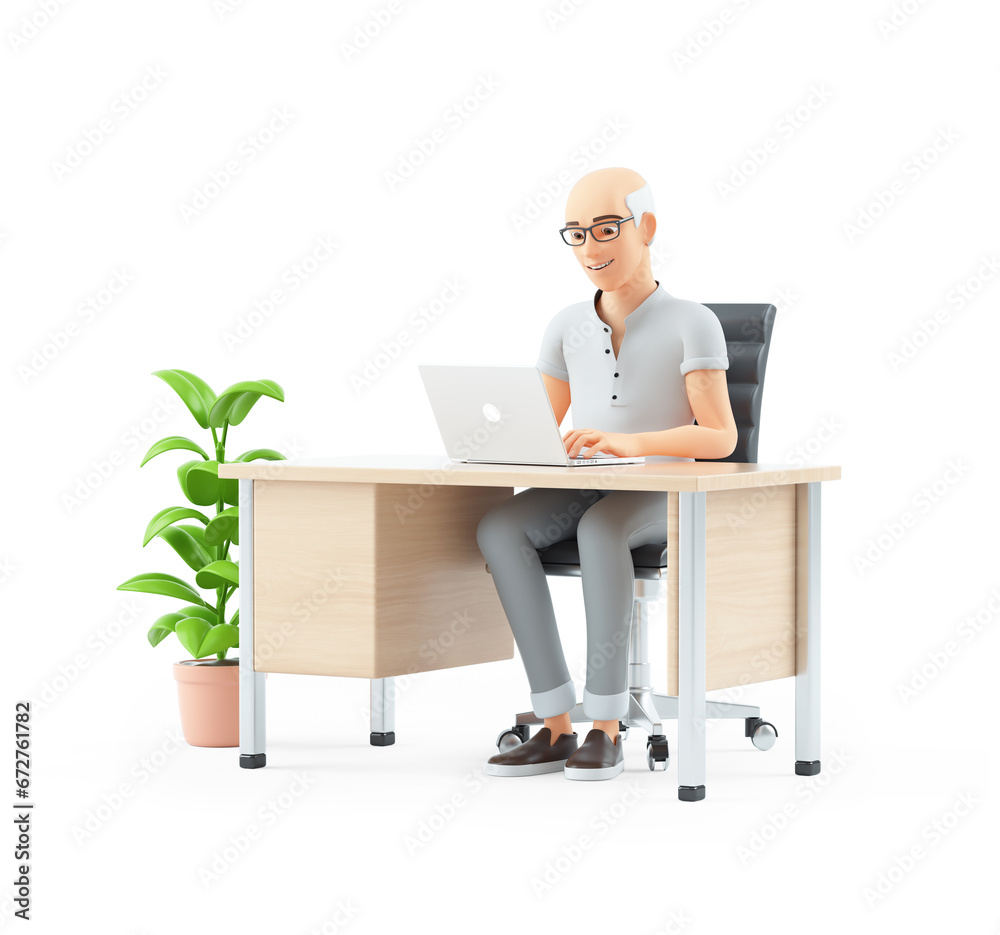 3d senior man working on laptop at office