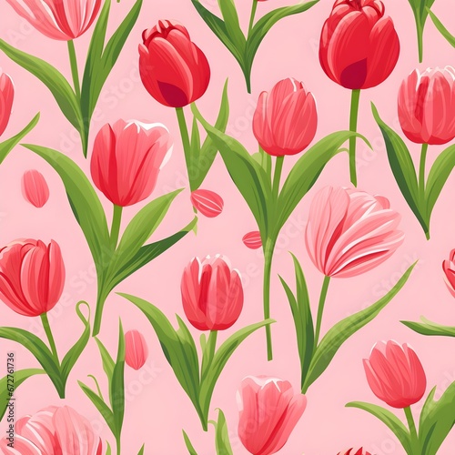 Seamless pattern of pink tulips on sweet pink background  ai generative