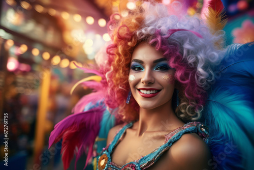 Young smiling woman at a carnival or costume party, wearing a variety of colors.generative ai 