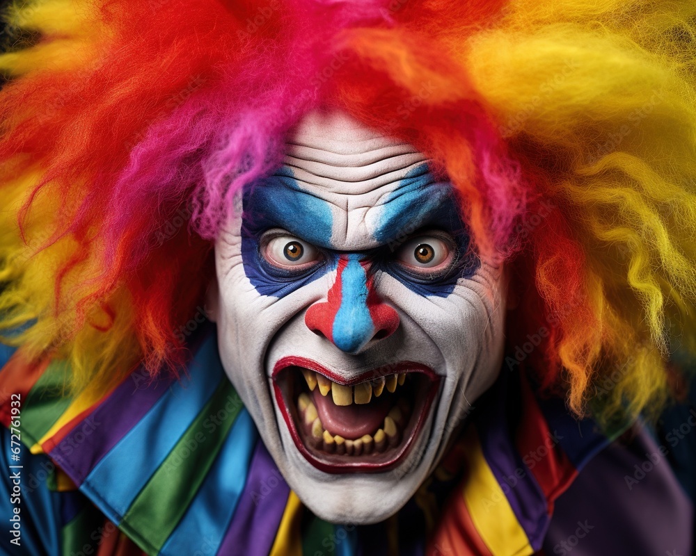 close up of a smiling clown in a multi coloured wig.