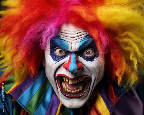 close up of a smiling clown in a multi coloured wig.