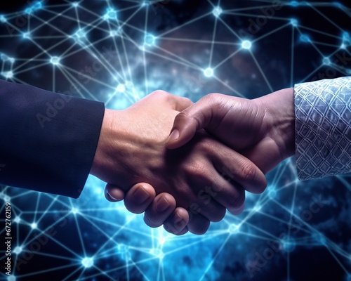 digital cyber business concept with network lines and shaking hands.
