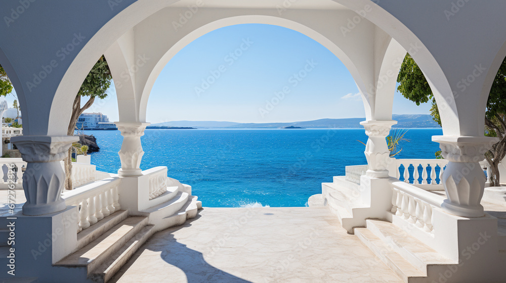 White architecture on Greece. Beautiful landscape with sea view. Generative AI.