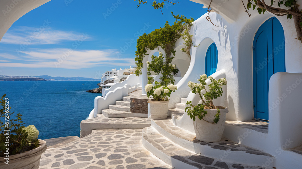 Fototapeta premium White architecture on Greece. Beautiful landscape with sea view. Generative AI.