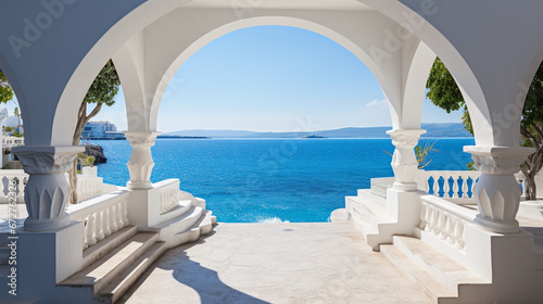 White architecture on Greece. Beautiful landscape with sea view. Generative AI. © k_e_n