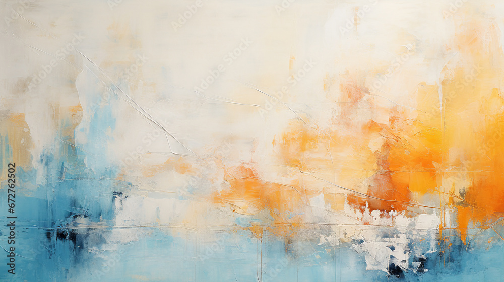 Obraz premium Painting close up of blue, orange, yellow, red and white colors. Generative AI.