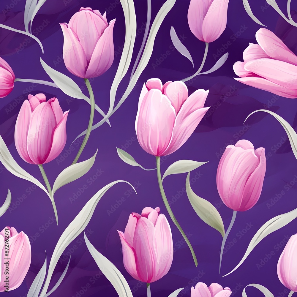 Seamless pattern of purple tulips on dark background, ai generative