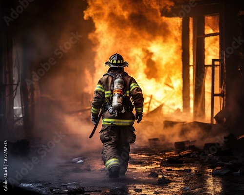Firefighter works on fire while walking inside a burning building.