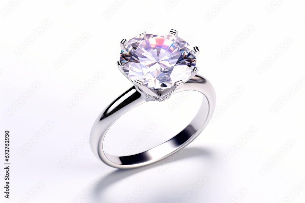 Beautiful white gold ring with large diamond isolated on white background, close up view.generative ai Beautiful white gold ring with large diamond isolated on white background, close up view.generative ai