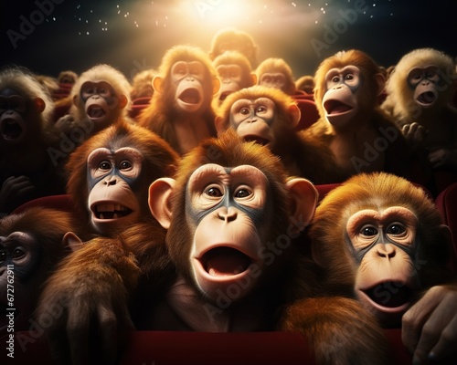 The monkeys are watching a movie in the theater. photo