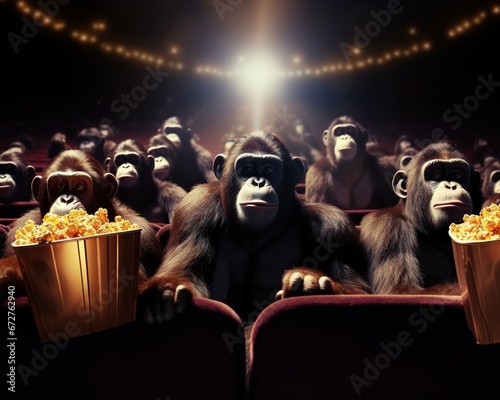 The monkeys are watching a movie in the theater. photo
