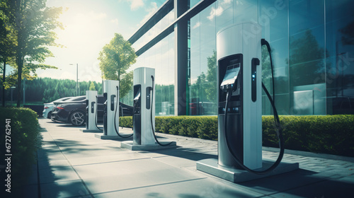 Electric vehicle charging station or electric vehicle charging stations with graphic display. Electric public charging powered by renewable clean energy. Concept of technology, ecology.