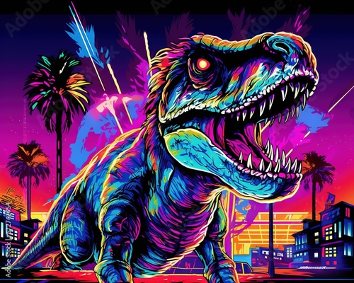The style of the Cyberpumk Dinosaur is Neon Retro Wave. © Nipon