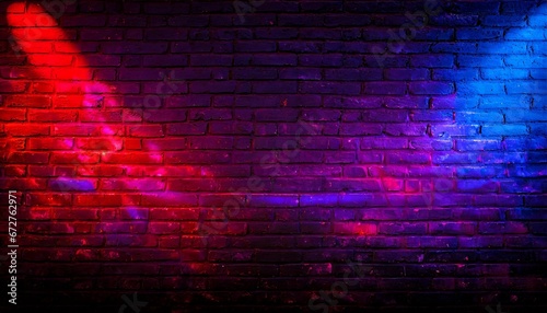 Dark brickwall illuminated with red  blue and purple color tones