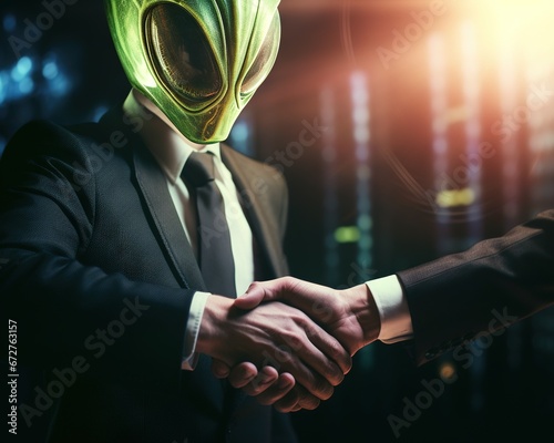 in a suit and an alien are shaking hands.