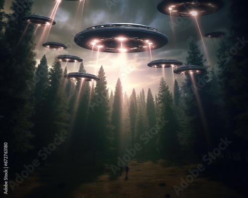 alien spaceships flying in groups through trees.