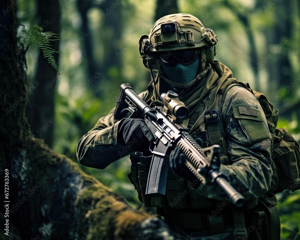 Soldier in tropical forest with military equipment