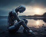 The humanoid sad lonely robot is suffering from depression.