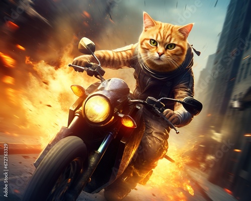 Cat rider on motorcycle is riding with fire. photo