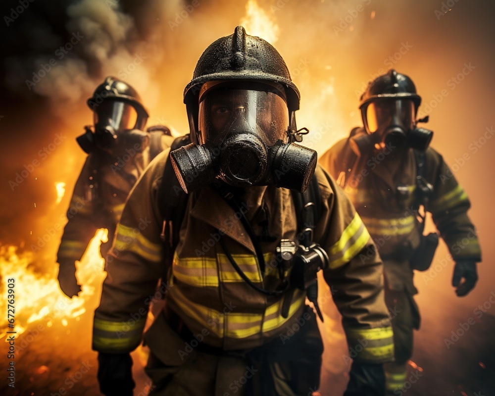 Fototapeta premium Four firefighters are walking into fire.