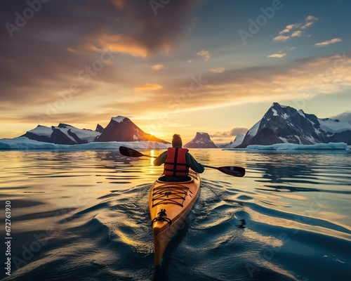 The Eskymo kayaker is in the arctic sea of Inuit.