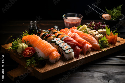 Japanese food - Sushi in wooden platter in traditional sushi bar 