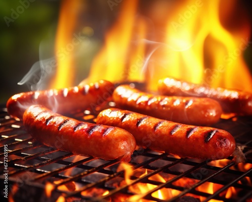 Sausages on the grill with fire flames are delicious.