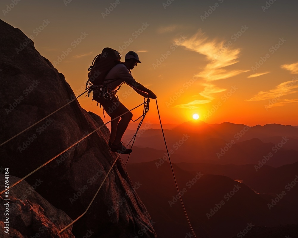 picture of mountian climbing in a beautiful sunset.